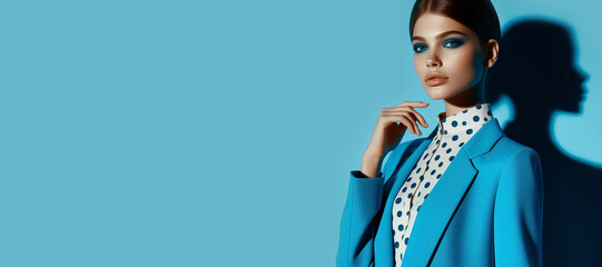 Fototapeta premium Elegant female model in blue, classic style fashion portrait.