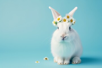 Naklejka na ściany i meble Happy fluffy white bunny rabbit wearing daisy flower crown on blue background. Easter holiday and spring concept. Pets minimalism. Copy space.
