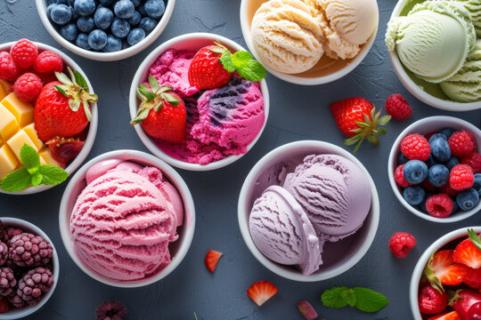Set of bowls with various colorful Ice Cream scoops with different flavors and fresh ingredients on black background, top view. Large assortment of artisanal Italian ice cream.