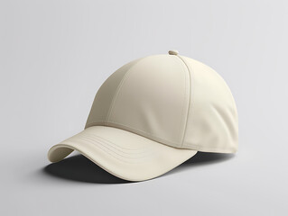 Side view of a 3d mockup of a cream-coloured baseball cap with its shadow, isolated within a grey background. Suitable for product design, and branding. Created with Generative AI.