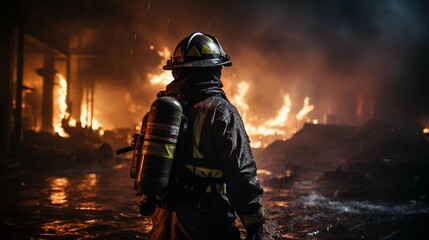 A professional fireman putting out the flames of the fire. May 4, International Firefighter's Day