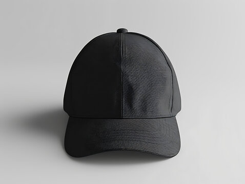 Front view 3d mockup of a black baseball cap with its shadow, isolated within a grey background. Suitable for product design, and brand. Created with Generative AI.