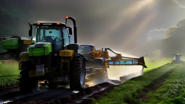 A modern harvester with an irrigation device moistens fields with seedlings