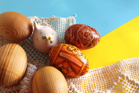 Background with hand crafted wooden easter eggs (pysanka) from Ukraine