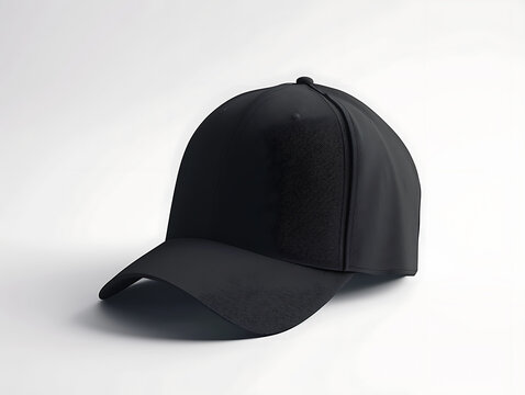 Side view of a 3d mockup of a black baseball cap with its shadow, isolated in a white and grey gradation background. Suitable for product, and brand design. Created with Generative AI.
