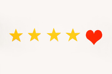 Rating stars with heart on white background. Customer experience concept