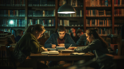 Students studying together in the dark library, chill zone in library