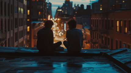 Teenagers sitting on the roof of the building, late night chatting, youth and adventure