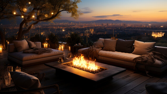 An outdoor area of a small apartment. Foto de modern outdoor living room terrace with fire pit and city lights in the evening. 3d rendering - Imagen libre de derechos
