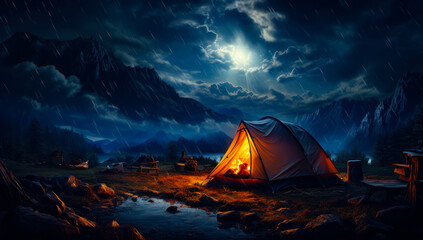 Lightning dark tent at night camping scene. - obrazy, fototapety, plakaty