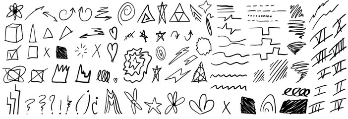 Illustration set of grungy doodles for daily planner, hand drawn notebook sheets and arrows. Pen lines, rough marker marks, hand drawn textured underlines and strikethrough, scribble emphasis, grunge