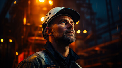 Oil rig operator and engineer. Portrait of worker in overalls and helmet on background of pipes machinery and bright lights. The concept of the oil industry.