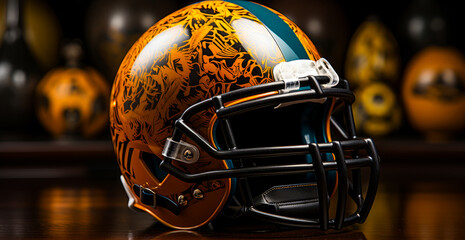 Pamerican football on a dark_background. American football helmet with the image of tiger