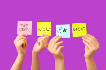 Women with reviews on purple background. Customer experience concept