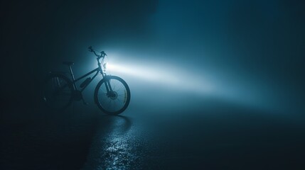 Bike with lights turned on in the dark fog 