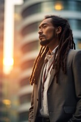 Obraz premium modern asian businessman with dreadlock hairstyle standing in big city on skyscrapers background, japanese or chinese man business and success concept