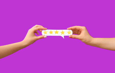Women and speech bubble with five stars rating on purple background. Customer experience concept
