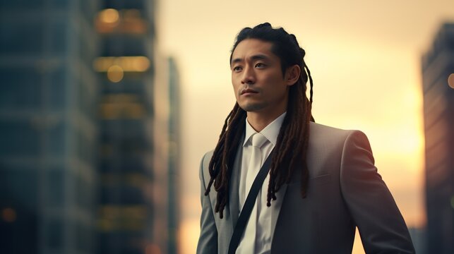 modern asian businessman with dreadlock hairstyle standing in big city on skyscrapers background, japanese or chinese man business and success concept