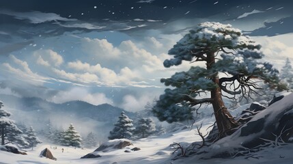 A snow and a pine tree