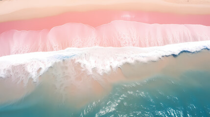 Fototapeta premium Sandy beach with light blue transparent water waves and sunlight, tranquil aerial beach scene
