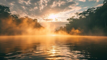 Beautiful Amazon River with fog in a beautiful sunrise with a blue sky with clouds in high resolution and quality. concept of rivers, jungle - obrazy, fototapety, plakaty