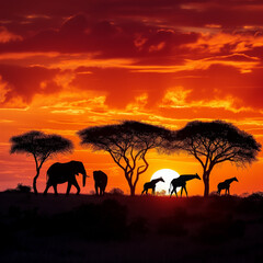 Fototapeta na wymiar Savannah Sunset - African Safari Silhouette