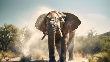Fototapeta na wymiar An elephant spraying water with its trunk