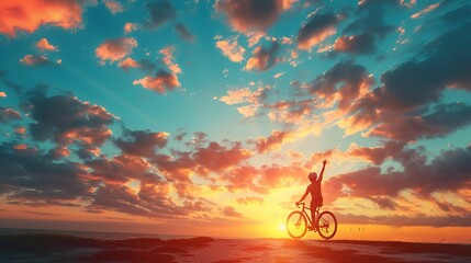 cyclist silhoutte with bicycle raised to sky race and victory concept  - obrazy, fototapety, plakaty