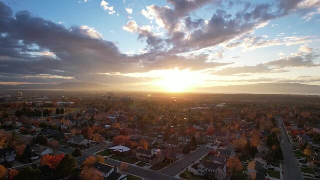 Drone Over Provo Utah in Autumn at Sunset with Beautiful Colors and Light