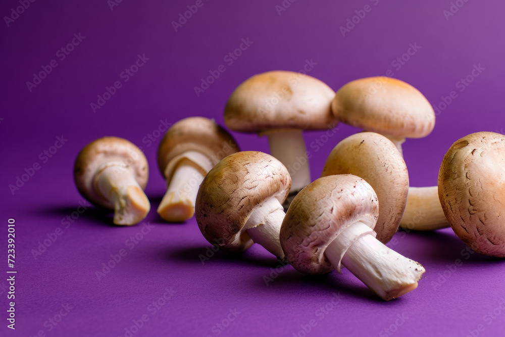 Poster mushrooms with studio light, cool tone. background with selective focus and copy space