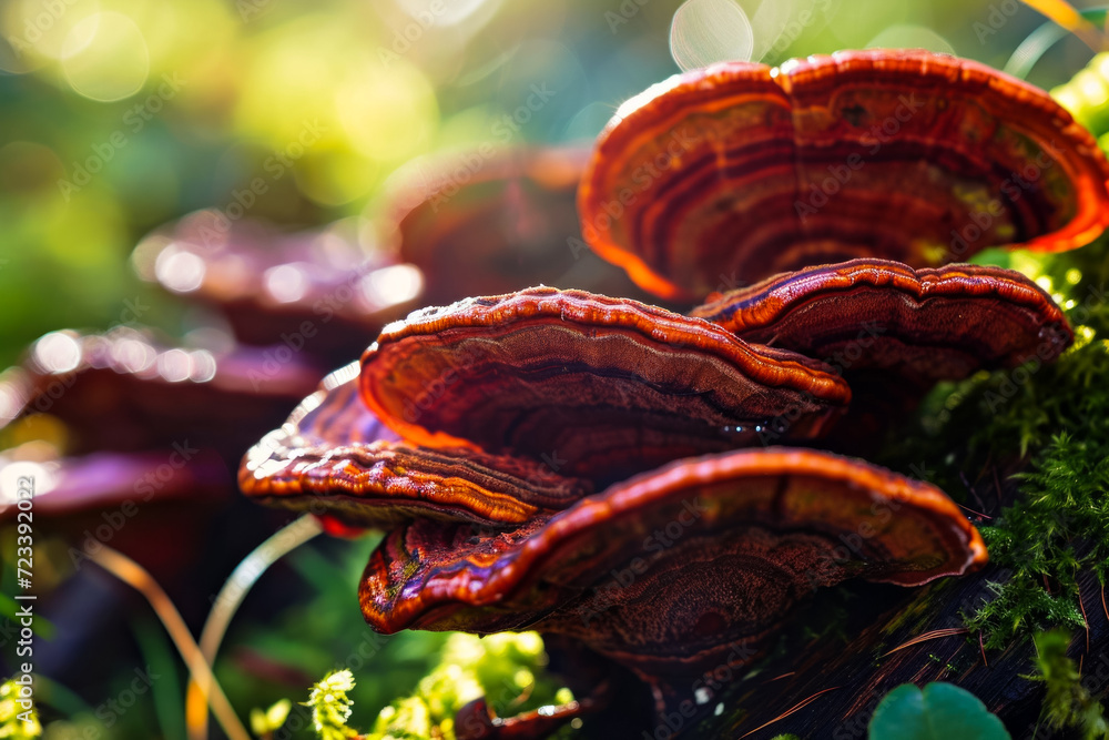 Poster flat mushrooms. background with selective focus and copy space