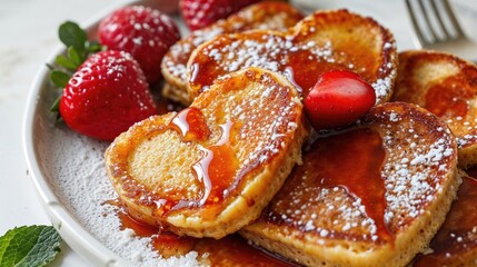 Delicious Syrup Coated Pancakes in the Shape of Love Hearts. Food Themed Valentine’s Day Background with Strawberries.