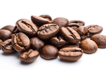 Coffee beans on white. Background with selective focus and copy space
