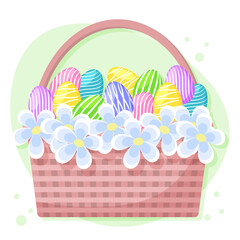 Wicker basket with Easter eggs and flowers. Postcard, childish illustration, vector