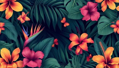Foto op Canvas Tropical floral seamless pattern background with exotic flowers, palm leaves, jungle leaf, orchid © Nob