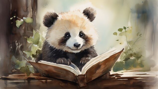 Watercolor painting of a panda reading a book