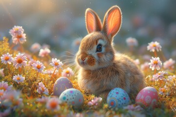 Fototapeta na wymiar A fluffy bunny frolics in a sea of vibrant flowers, capturing the beauty and innocence of nature's delicate creatures