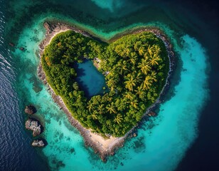 Love Vacation Concept. Aerial Shot of Tropical Island in the Shape of a Heart. Generative AI.