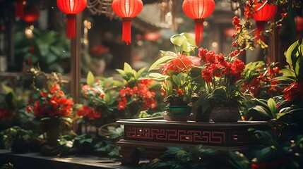 Chinese New Year potted plants display, depicted vividly in it's details surrounded by shiny green leaves and red blooms - obrazy, fototapety, plakaty