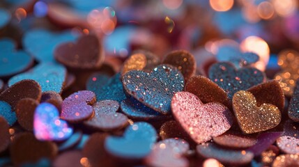 Close-Up of Multicoloured Heart-Shaped Glitter. Stylish Valentine’s Day Background.