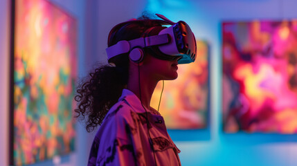 Exploring Art in Virtual Realms - Young Woman Experiencing Virtual Reality Art Gallery Immersio