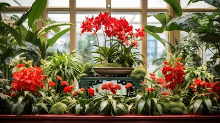 Chinese New Year potted plants display, depicted vividly in it's details surrounded by shiny green leaves and red blooms