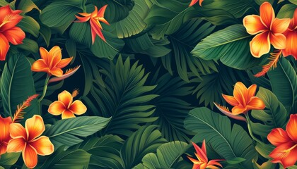 Tropical floral seamless pattern background with exotic flowers, palm leaves, jungle leaf, orchid - obrazy, fototapety, plakaty