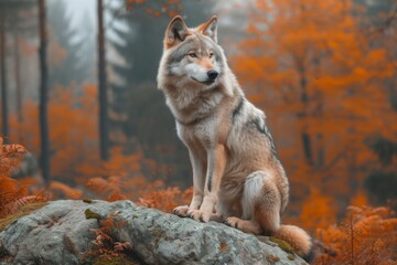 Fototapeta premium A majestic wolf perches on a weathered rock, surveying the autumn landscape with the wisdom of a wild and free canid
