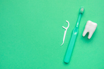 Toothbrush, tooth model and floss toothpick on green background. World Dentist Day