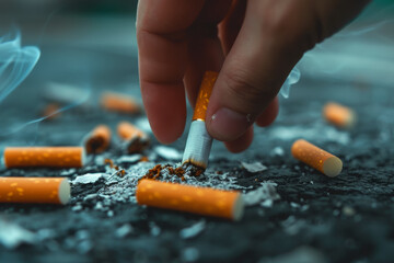 A hand picks up cigarette butts from the asphalt. Problems with alcohol and drugs concept. Background