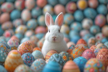 Fototapeta na wymiar A fluffy easter bunny finds itself in a vibrant world of colorful eggs, a symbol of new beginnings and the joy of spring