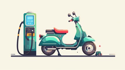 Electric Scooter and Charging Station Isolated. Green Modern Scooter Recharges Batteries. Motorbike and Charge Station with Screen. Eco City Transport Concept. Cartoon Flat Vector Illustration.  