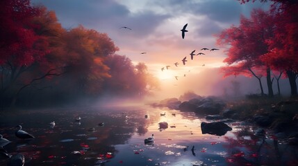 Falling crimson leaves and lone wild geese flying together, autumn streams merge with the endless...
