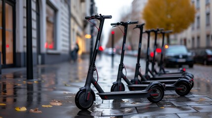 Electric Scooters For Public Share Standing Outside In European City Center, Public Mobile Transportation  